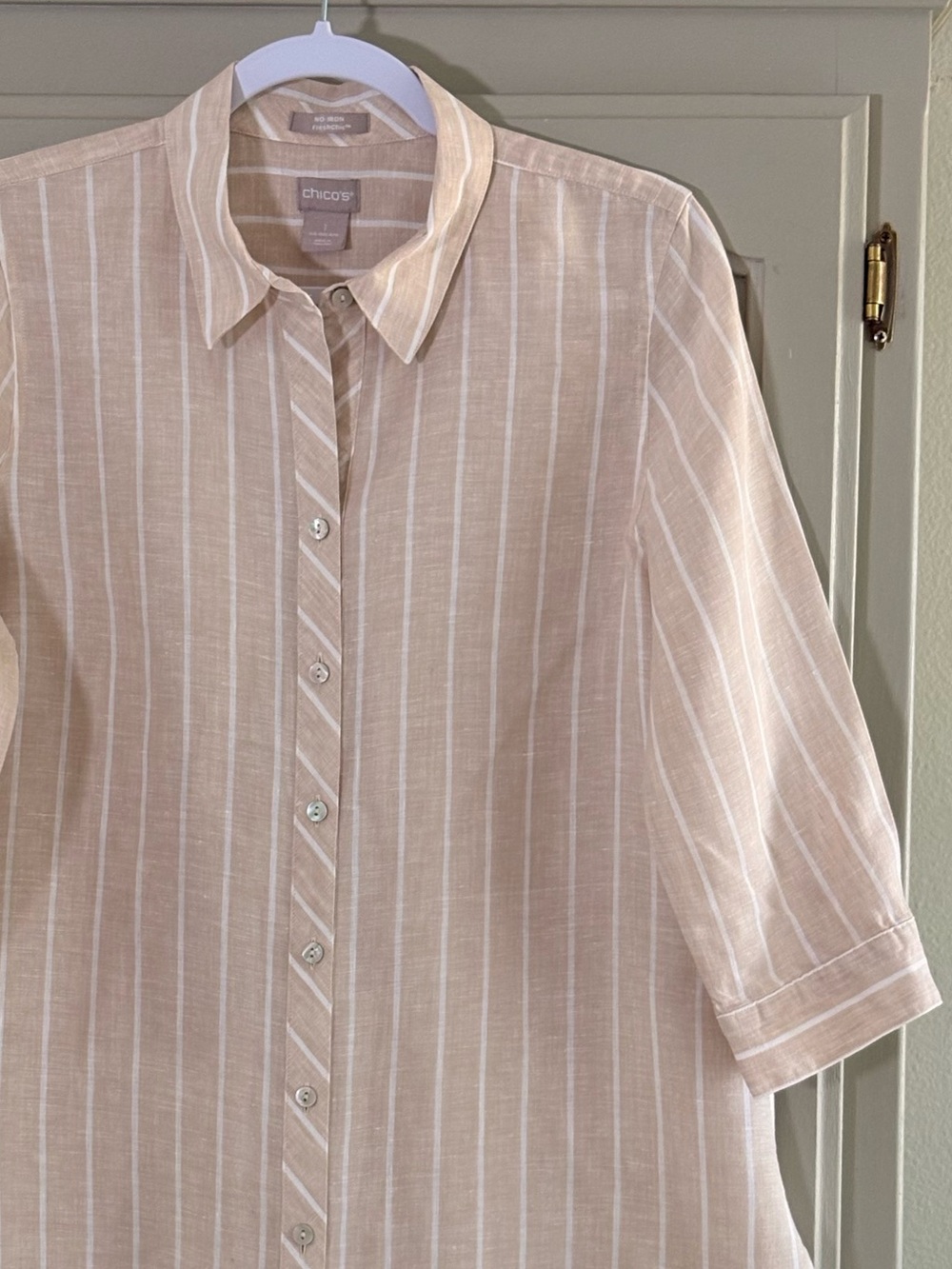 CHICOS Tan Striped Linen Button Down Shirt | 3/4 Sleeves | Relaxed Fit | Medium